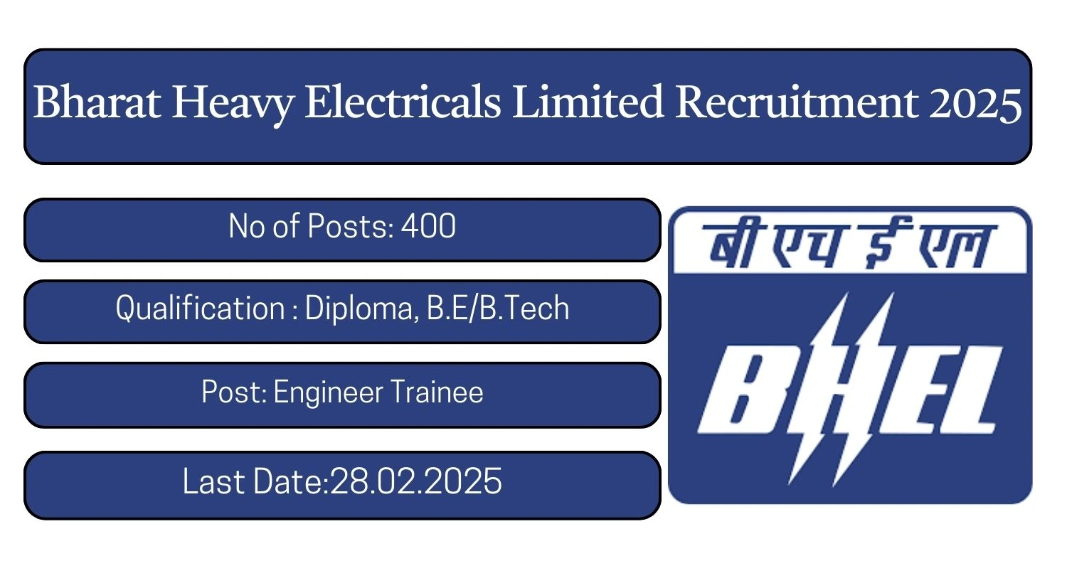 BHEL Recruitment 2025 400 Engineer Trainee Posts; Apply Here!