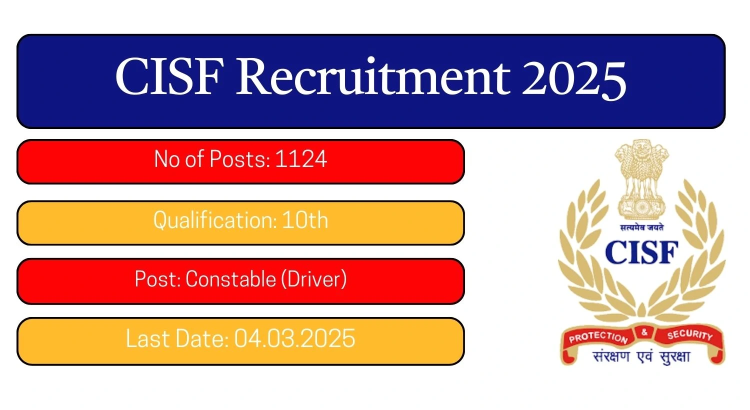 CISF Recruitment 2025 1124 Constable (Driver) Posts; Apply Here!