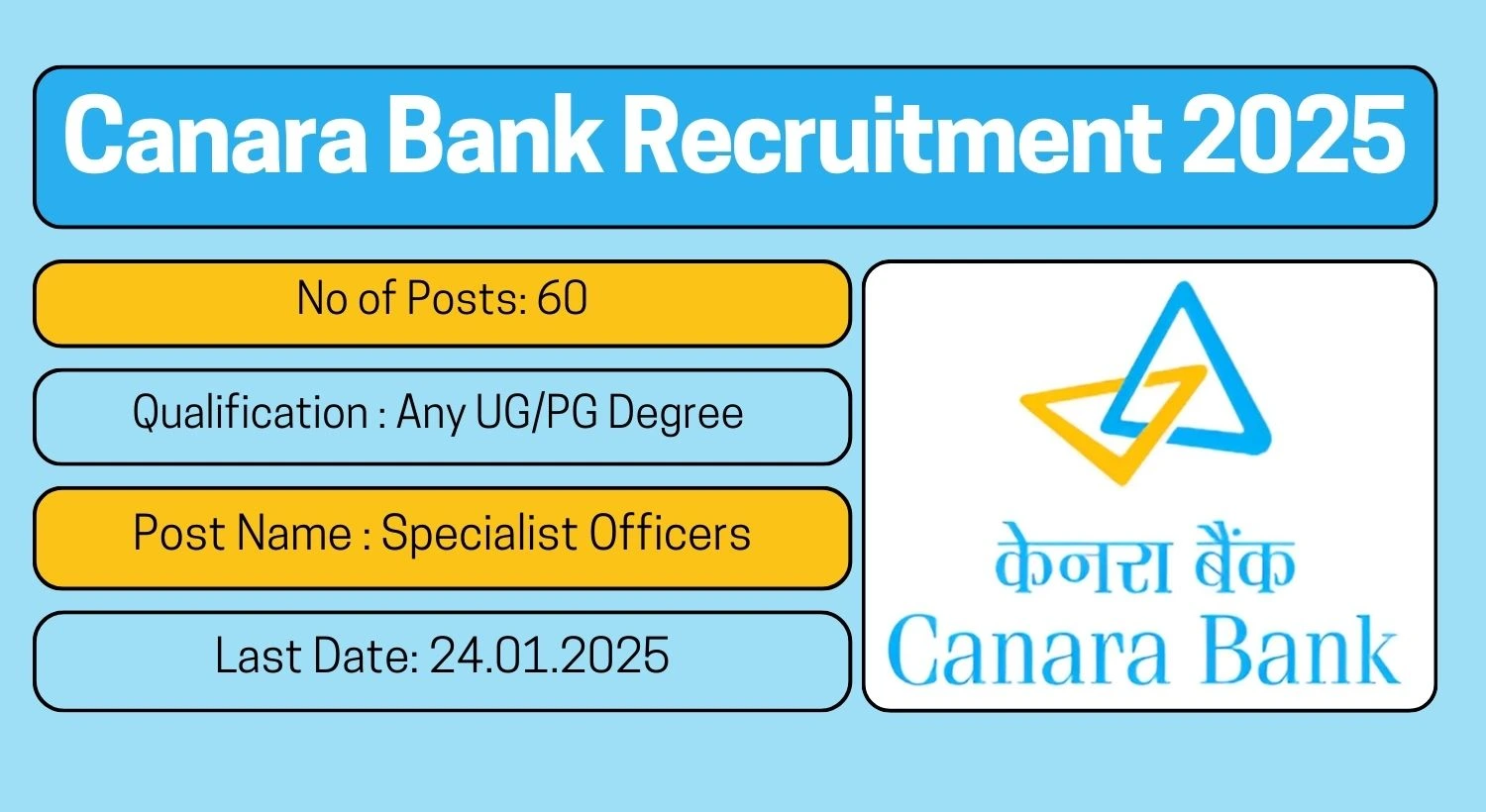 Canara Bank Recruitment 2025 60 Specialist Officers Posts; Apply Here!