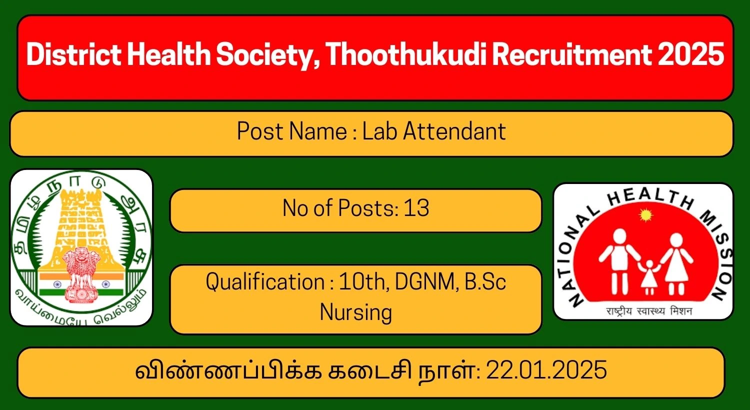 Thoothukudi DHS Recruitment 2025 13 Lab Attendant Posts; Apply Here!