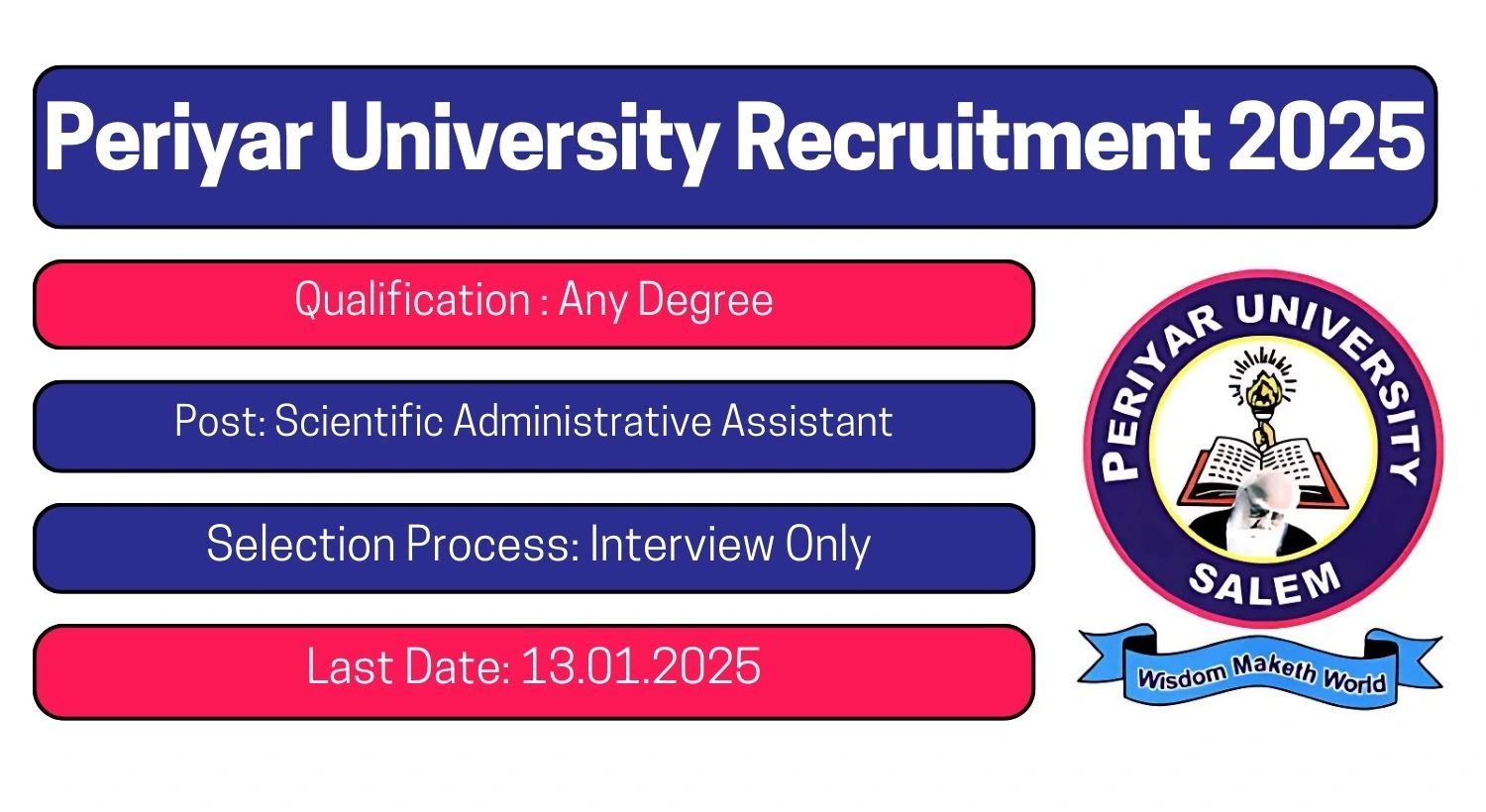 Periyar University Recruitment 2025 Scientific Administrative Assistant Posts; Apply Here!