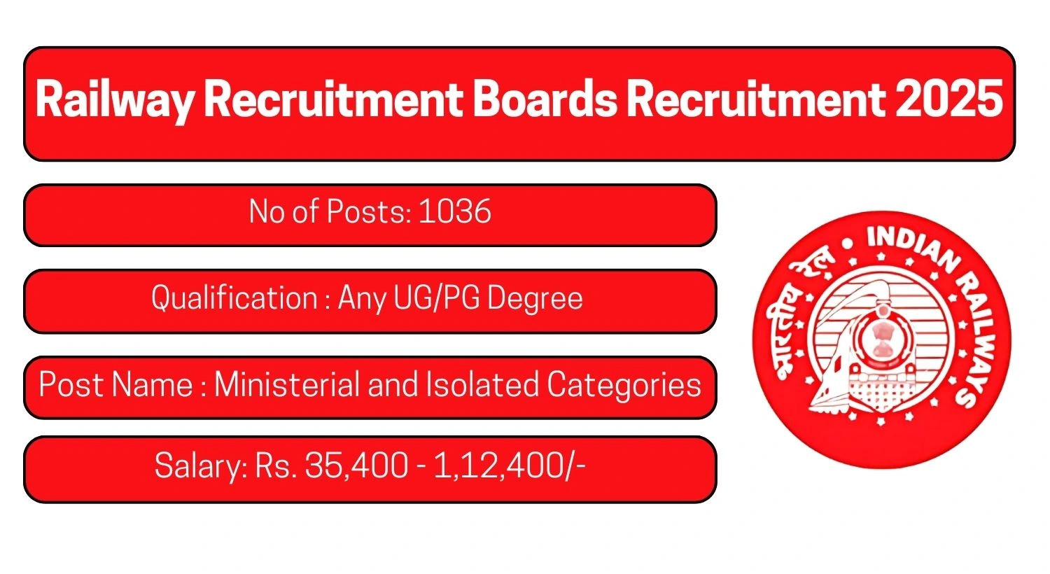 RRB Recruitment 2025 1036 Ministerial and Isolated Categories Posts; Apply Here!