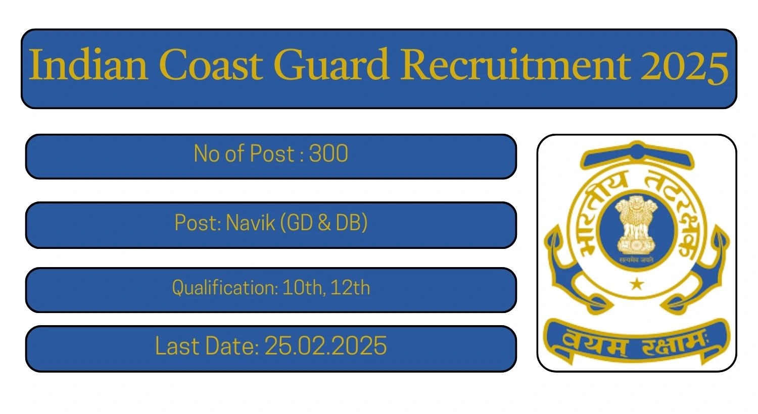 Indian Coast Guard Recruitment 2024 300 Navik (GD & DB) Posts; Apply Here!