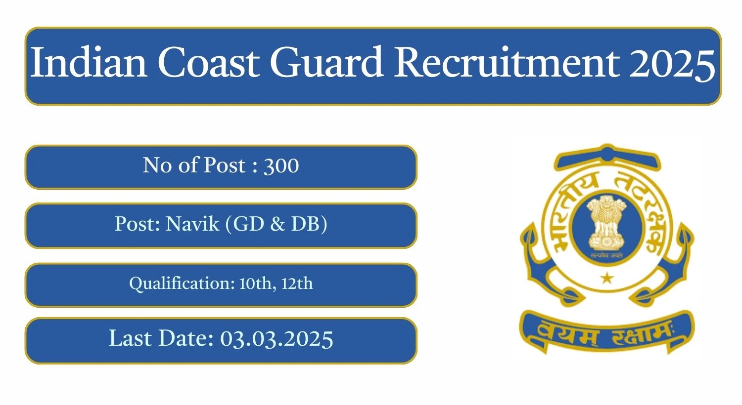 Indian Coast Guard Recruitment 2025 300 Navik (GD & DB) Posts; Apply Here!