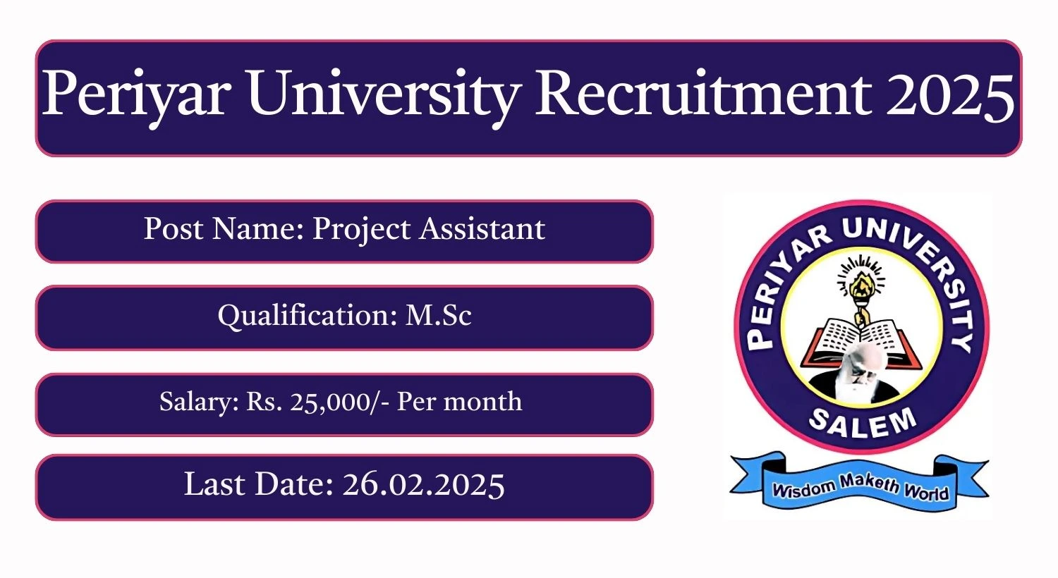 Periyar University Recruitment 2025 Project Assistant Posts; Apply Here!