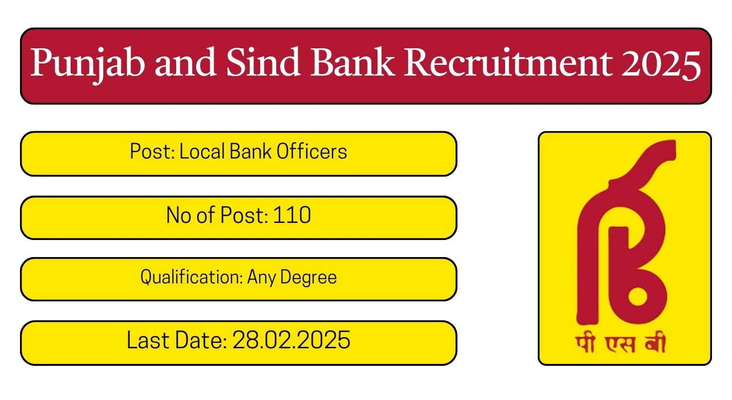 Punjab and Sind Bank Recruitment 2025 110 LBO Posts; Apply Here!