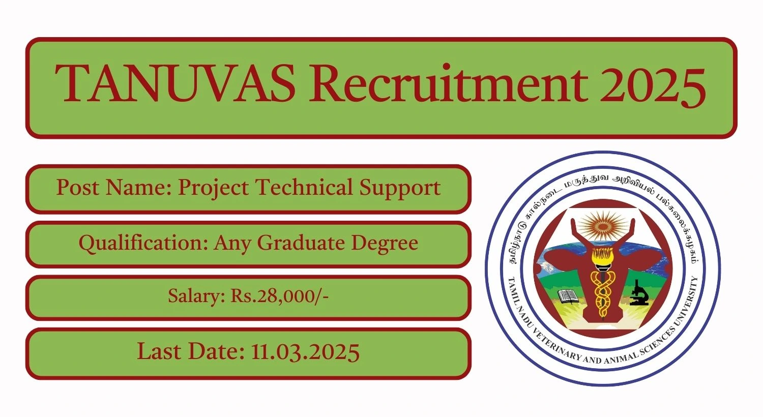 TANUVAS Recruitment 2025 Project Technical Support Posts; Apply Here!