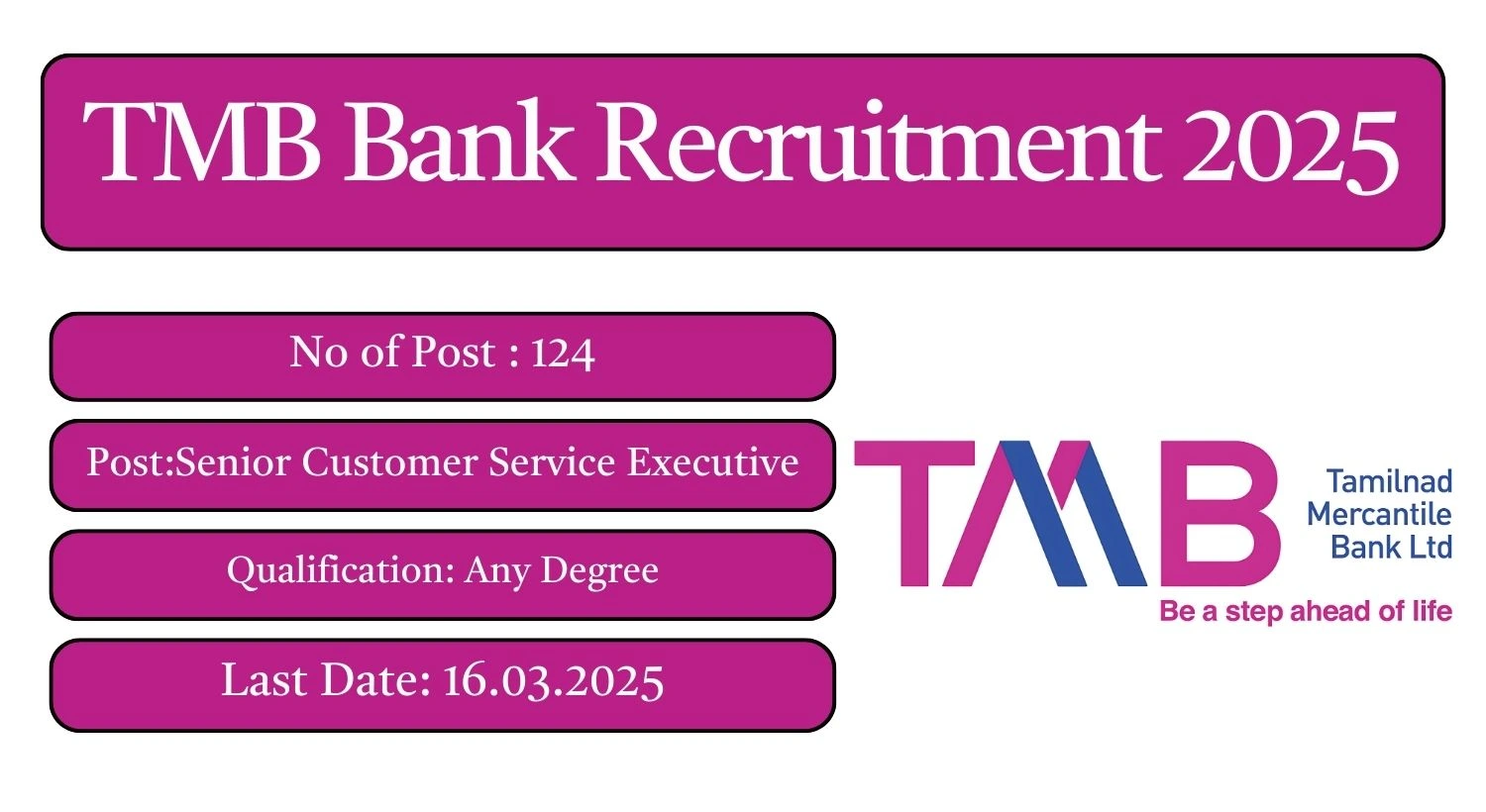 TMB Bank Recruitment 2025 124 Senior Customer Service Executive Posts; Apply Here!