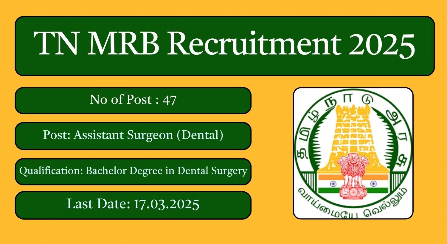 TN MRB Recruitment 2025 47 Assistant Surgeon (Dental) Posts; Apply Here!