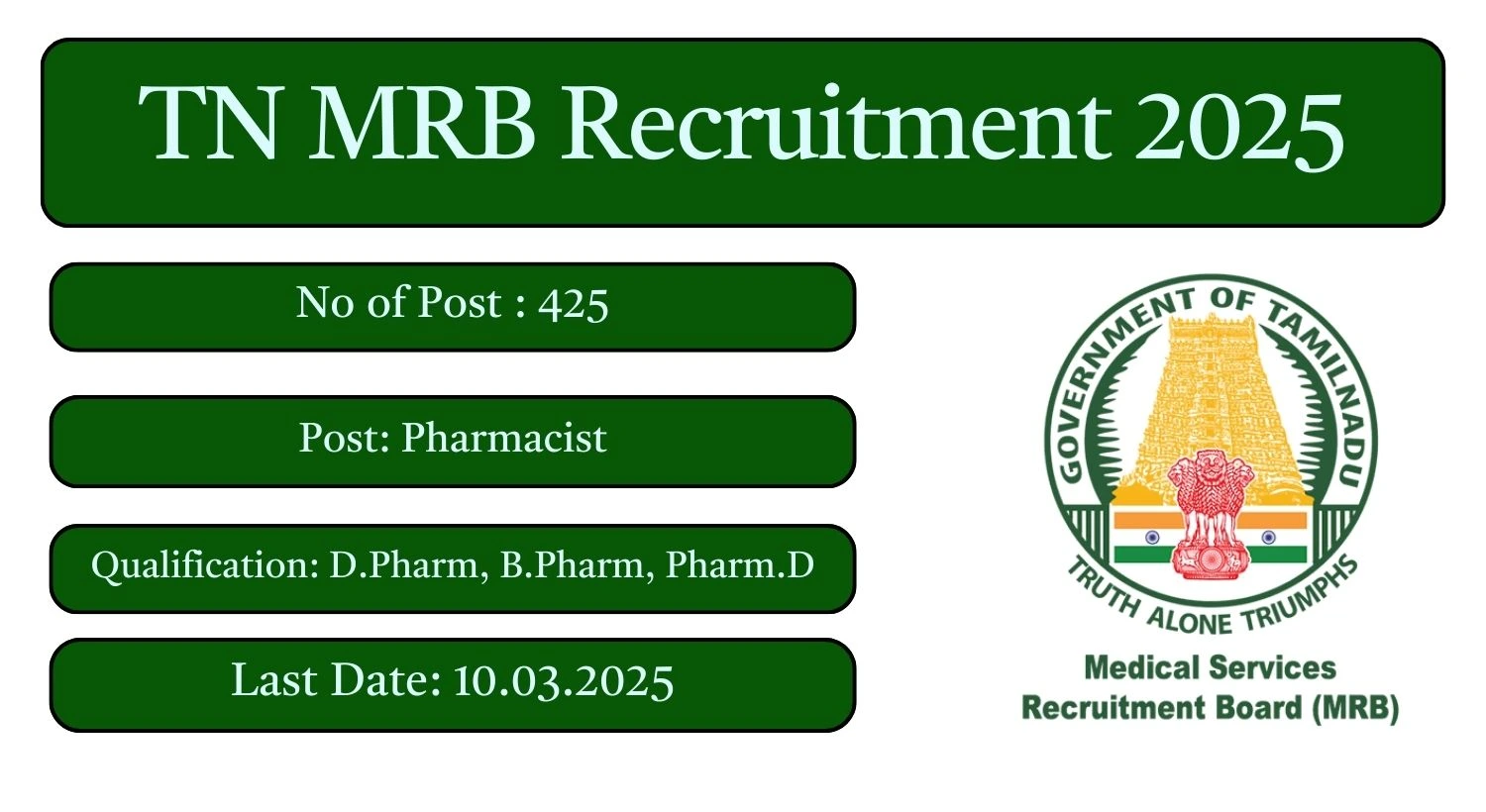 TN MRB Recruitment 2025 425 Pharmacist Posts; Apply Here!