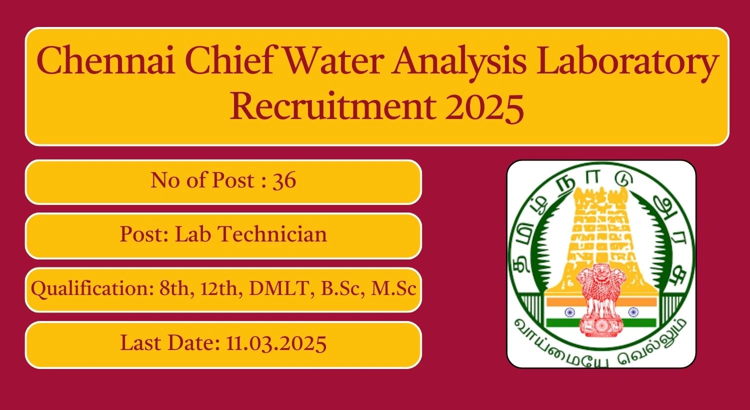 Chennai Chief Water Analysis Laboratory Recruitment 2025 36 Lab Technician Posts; Apply Here!