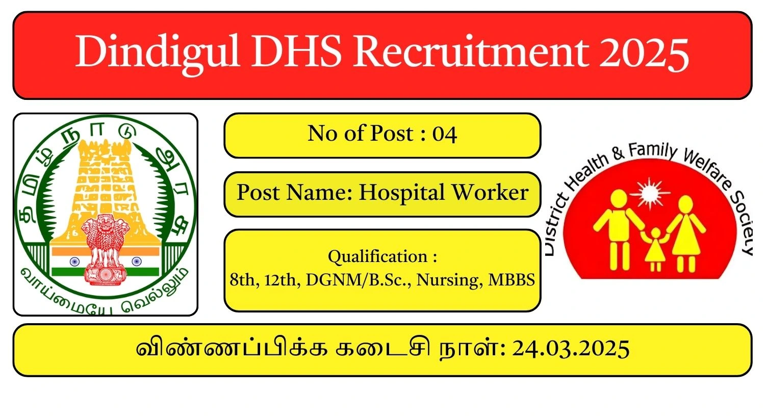 Dindigul DHS Recruitment 2025 04 Hospital Worker Posts; Apply Here!