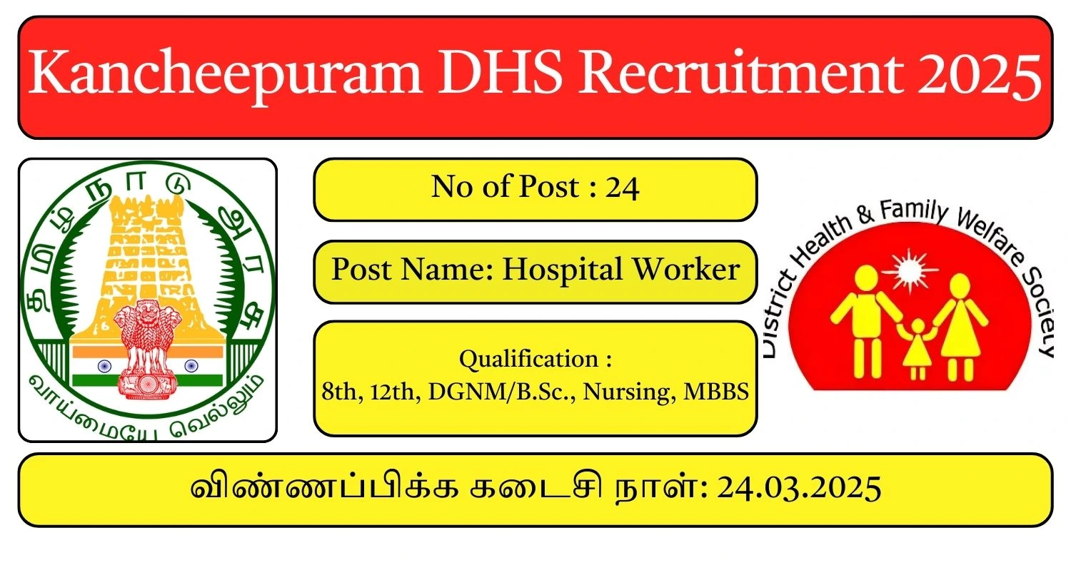 Kancheepuram DHS Recruitment 2025 24 Hospital Worker Posts; Apply Here!