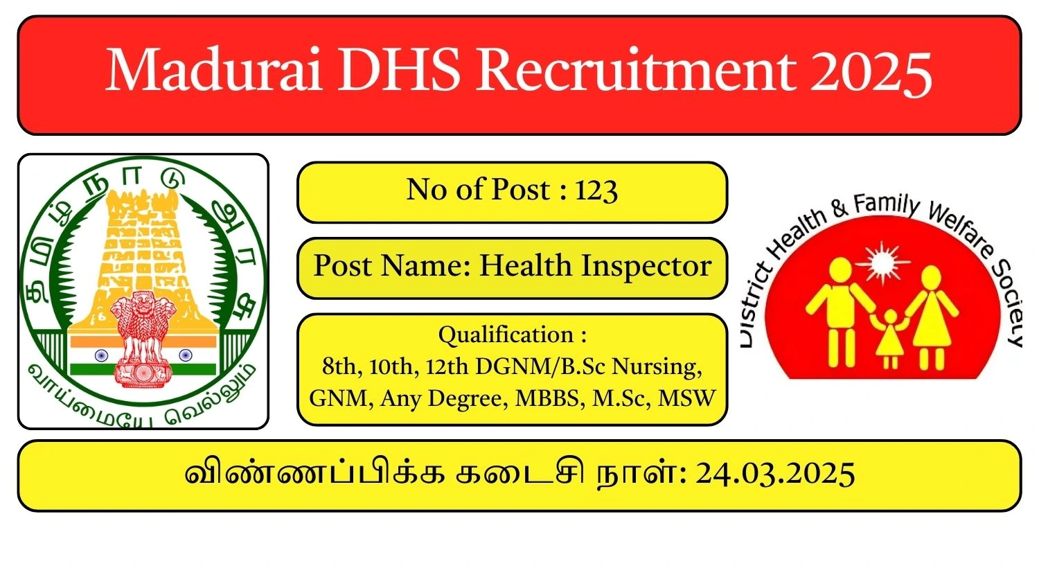 Madurai DHS Recruitment 2025 123 Health Inspector Posts; Apply Here!