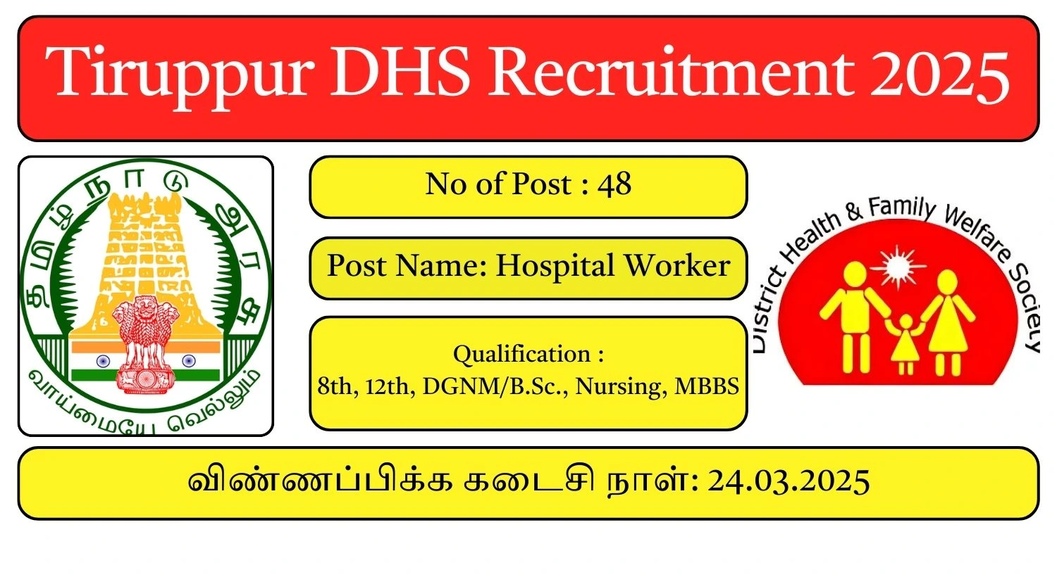 Tiruppur DHS Recruitment 2025 48 Hospital Worker Posts; Apply Here!